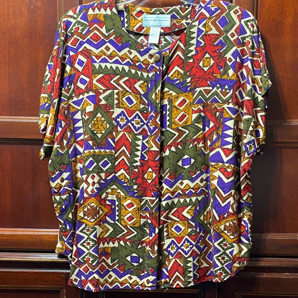 Maggie Lawrence vintage Colorful Geometric Button-Up plus size 26/28 shirt top